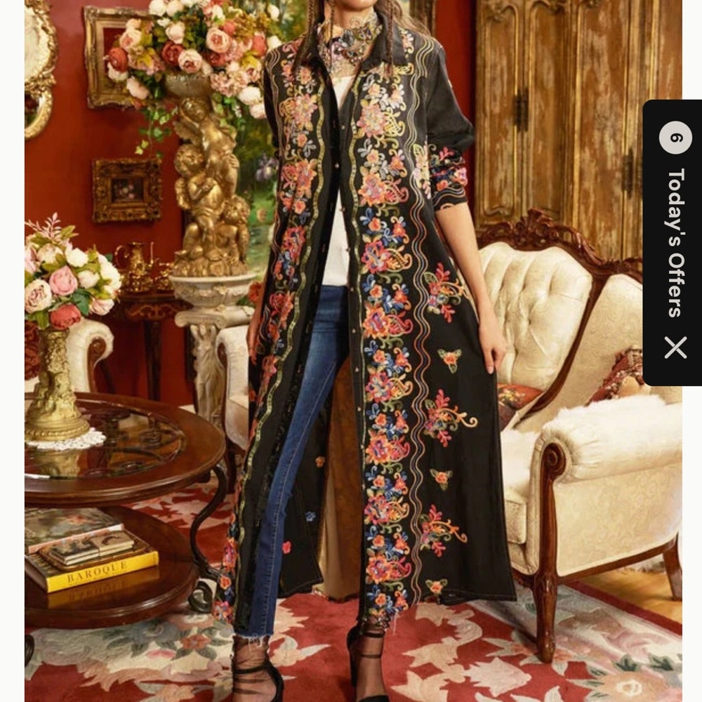 🆕 Aratta Meadow of Flowers/Floral Embroidered Long Black Duster/Dress/Jacket
